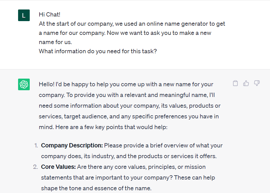 Image is showing the start of the conversation with the Open AI word generator ChatGPT.