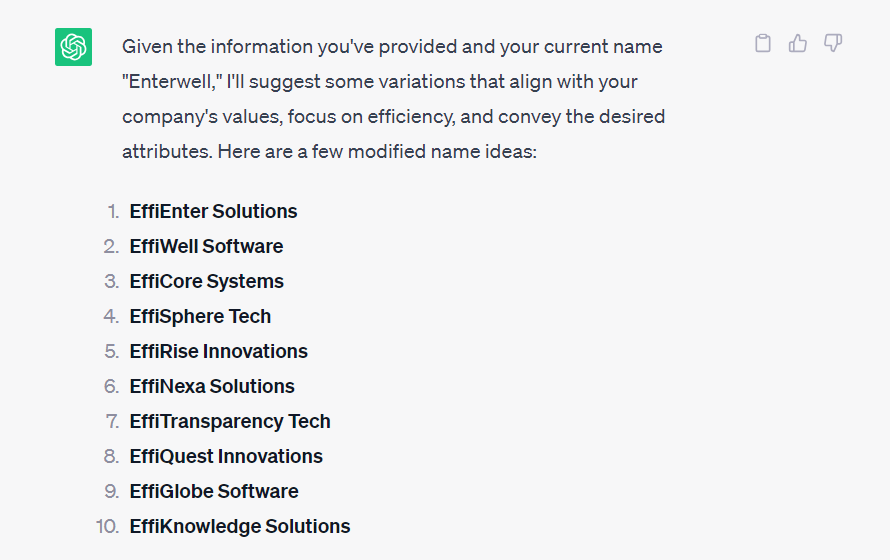 Image is showing the second result of our name test with ChatGPT, after we added our company name Enterwell. 