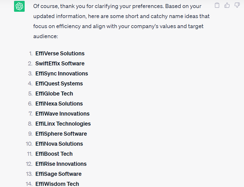 Image is showing first results of our name test with ChatGPT.